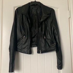 Cropped leather jacket with zippers from thrift store(leopard lounge as well)